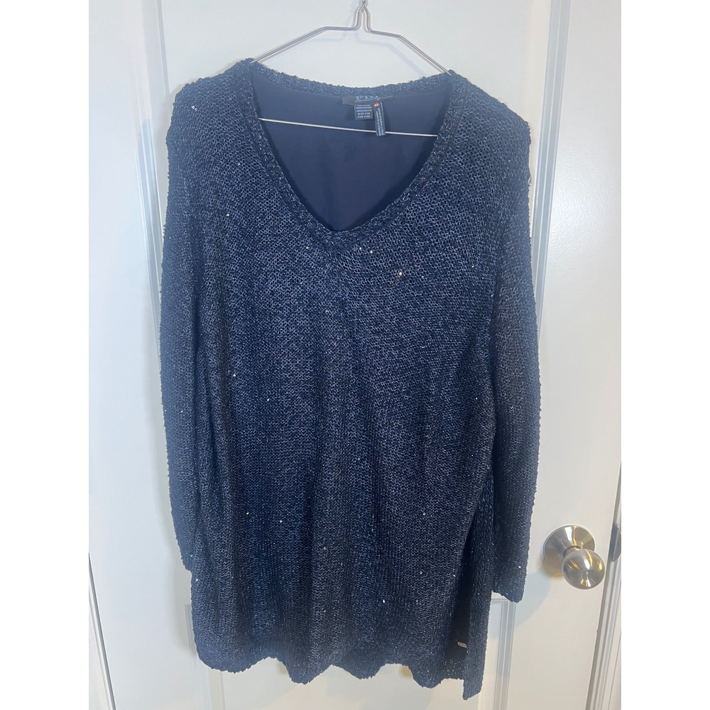 FDJ Womens Sweater Sequin Embellished V-Neck Navy Blue Size XXL
